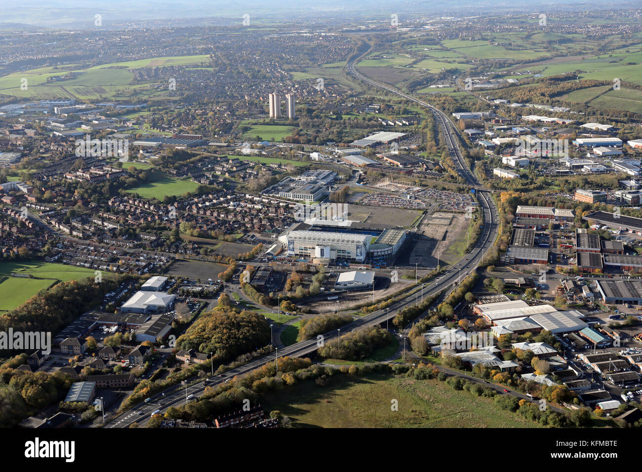 Luftaufnahme der Elland Road, Leeds, West Yorkshire, UK Stockfoto