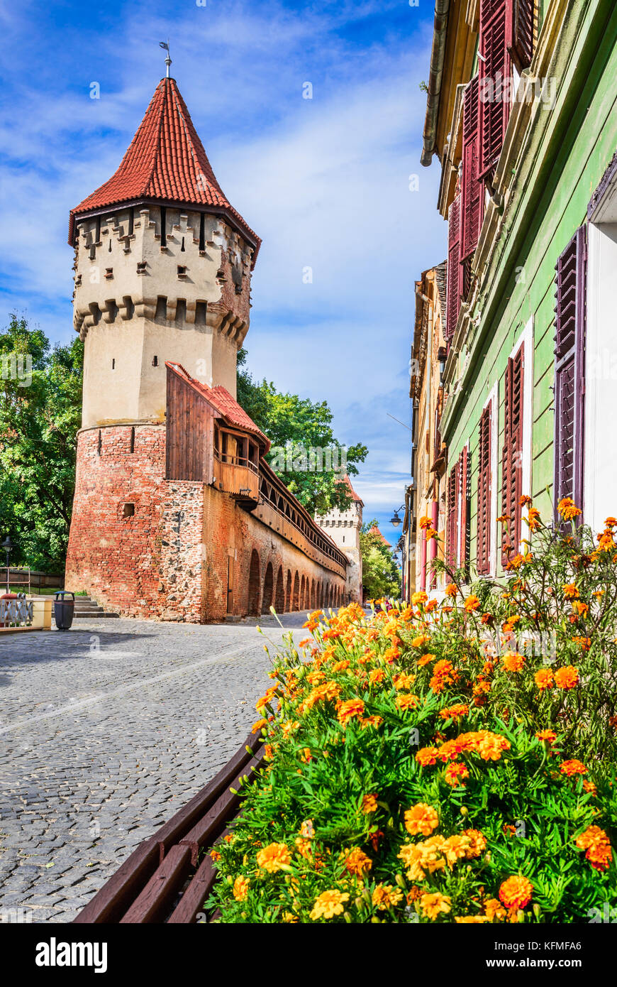 Sibiu, Rumänien - Mittelalterliche Innenstadt einer der größten sächsischen Stadt in Siebenbürgen. Die zimmerleute Tower. Stockfoto