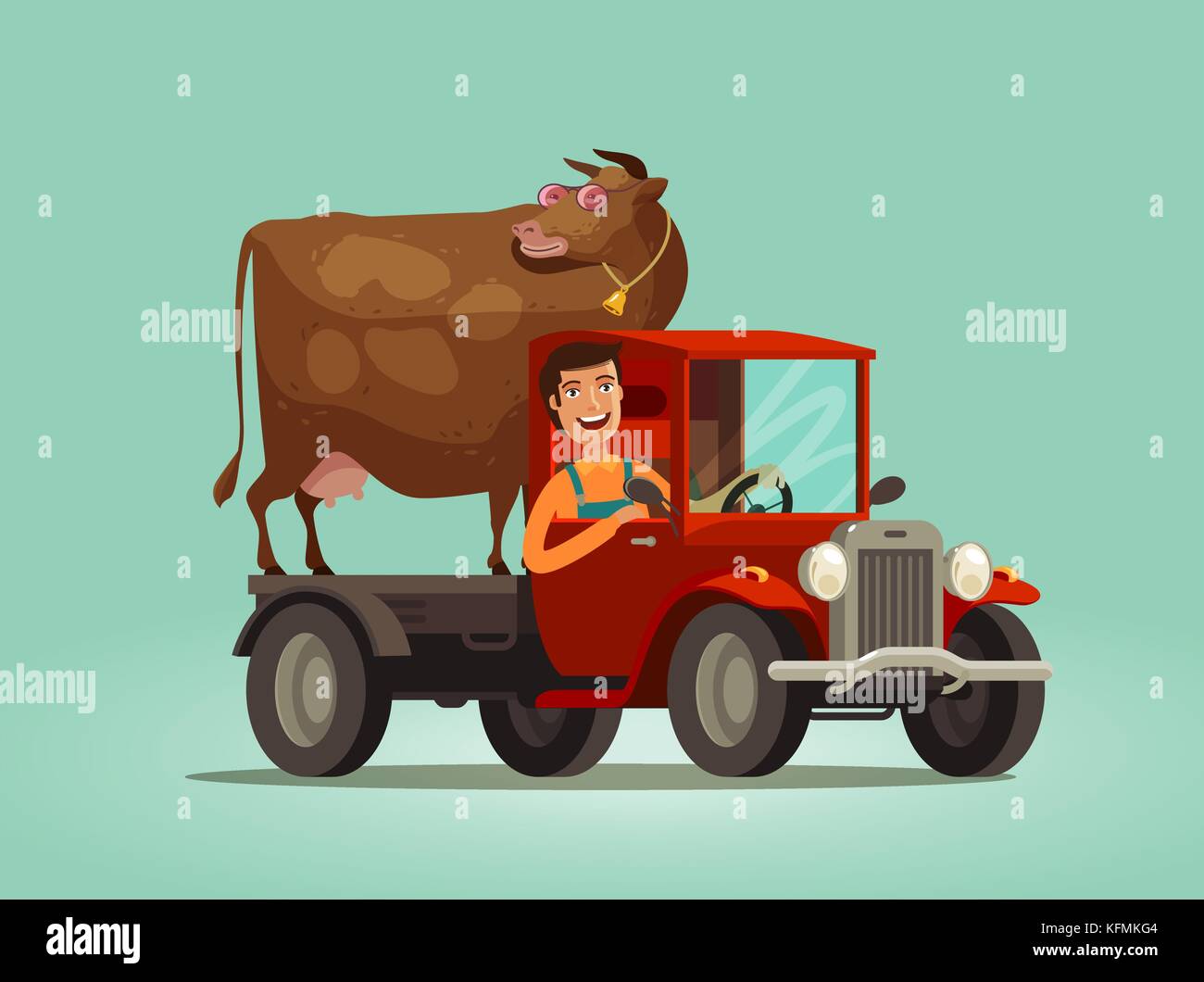 Glücklicher Bauer und Kuh fährt auf dem Truck. Landwirtschaft, Landwirtschaft, Agrarkonzept. Illustration des Zeichentrickvektors Stock Vektor