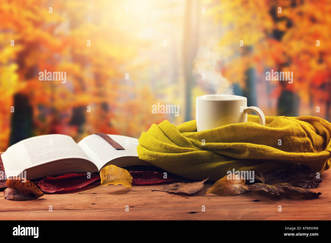 Herbstliche Stimmung-Buch, Schal und heiße Getränke auf dem Tisch geöffnet Stockfoto