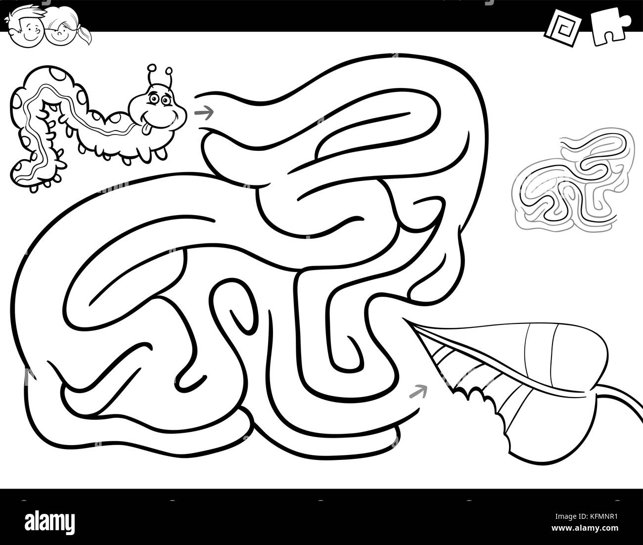 Schwarze und weiße Cartoon Illustration für Bildung Labyrinth oder Irrgarten Aktivität Spiel für Kinder mit Caterpillar insekt Charakter und blattfärbung Boo Stock Vektor