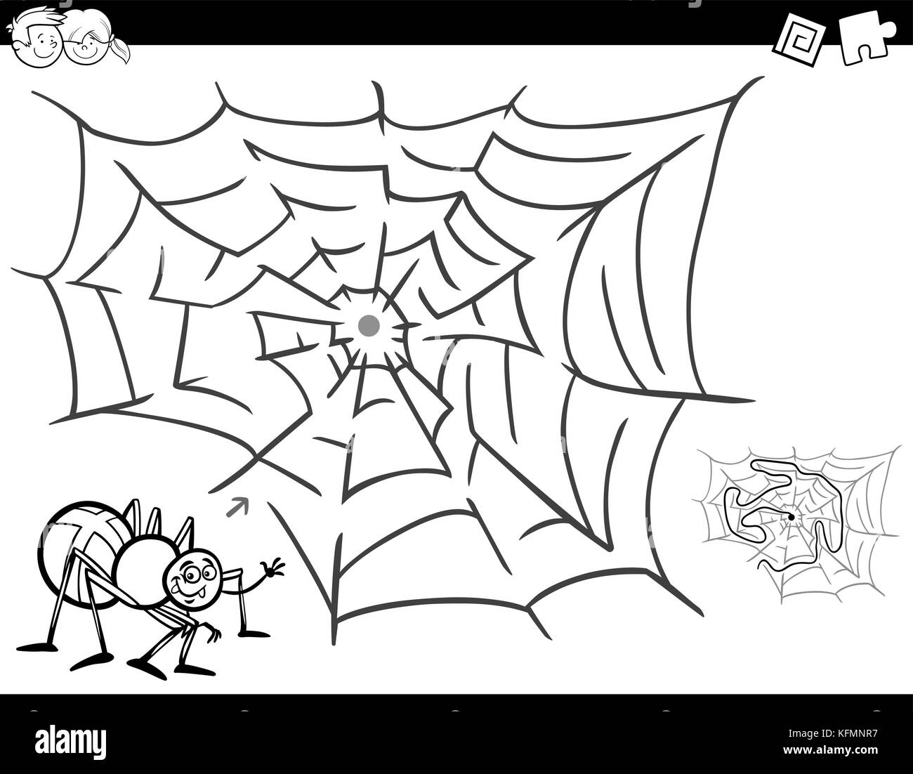 Schwarze und weiße Cartoon Illustration für Bildung Labyrinth oder Irrgarten Aktivität Spiel für Kinder mit Spinne insekt Charakter und seine Web Coloring Book Stock Vektor