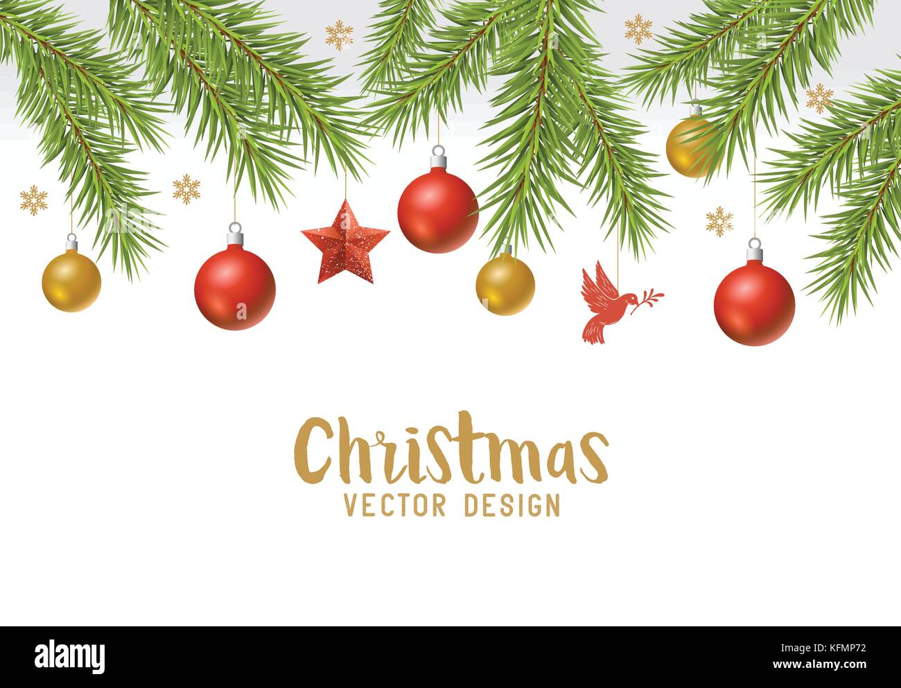 Festliche Weihnachten Hintergrund mit Tannenzweigen, Dekorationen und Flitter. Vector Illustration Stock Vektor