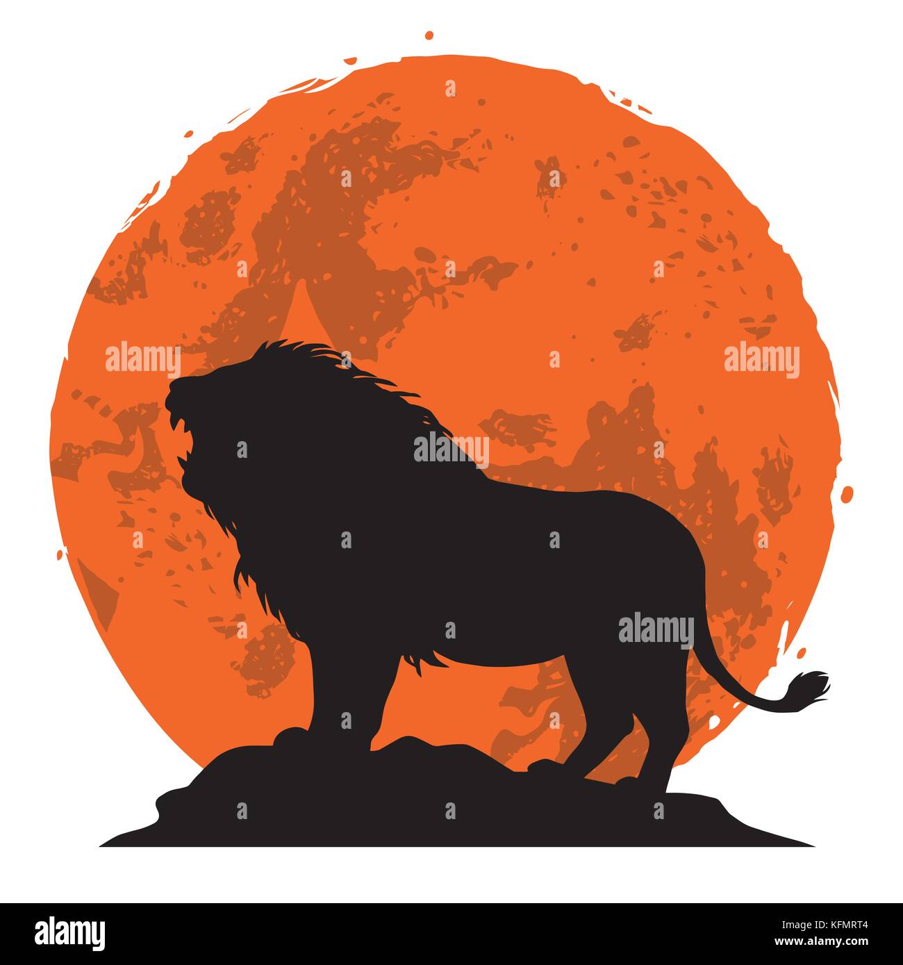 Lion knurrend auf einem Felsen, Seitenansicht mit Sonnenuntergang im Hintergrund. Vector Illustration Stock Vektor