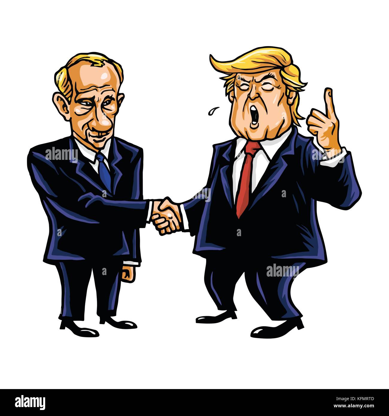 Donald Trump, schüttelt Hände mit Wladimir Putin. cartoon Karikatur Vector Illustration. 31. Oktober 2017 Stock Vektor