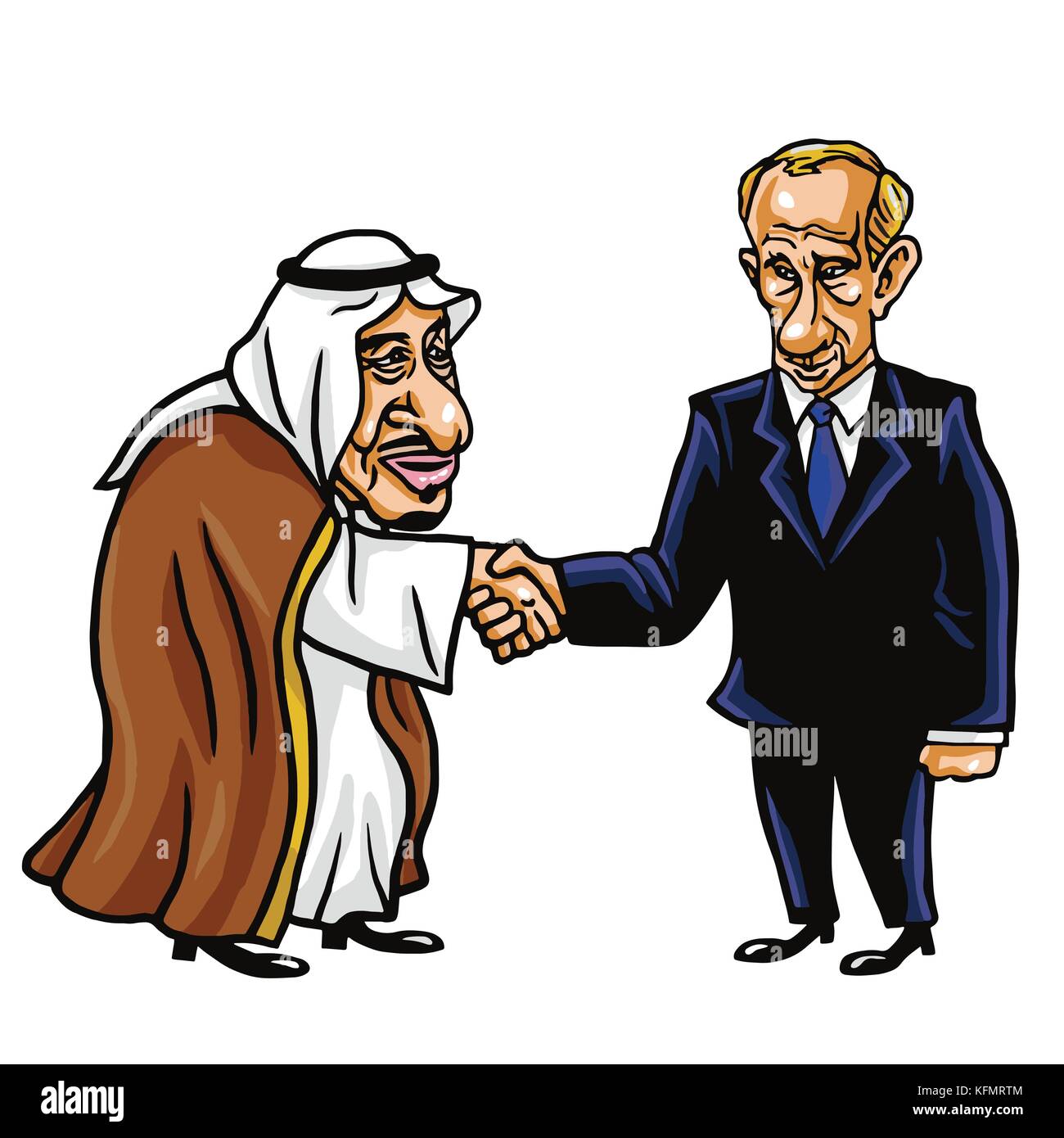 Moskau, 31. Oktober 2017: King Salman und Wladimir Putin die Hände schütteln. Vektor Cartoon Illustration. Stock Vektor