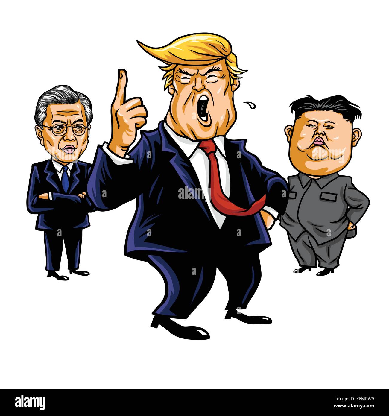 Donald Trump, Kim Jong-un, Moon Jae-in. cartoon Vector Illustration. 31. Oktober 2017 Stock Vektor