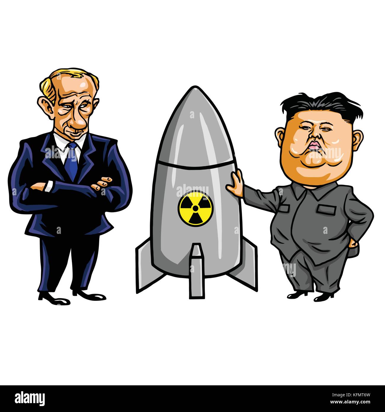 Kim Jong-un und nukleare Waffe mit Wladimir Putin. Vektor Cartoon Illustration. 31. Oktober 2017 Stock Vektor