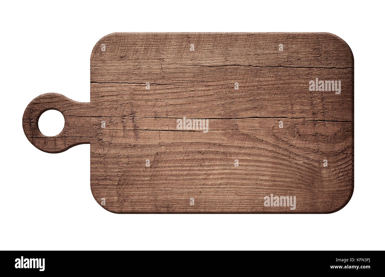 Braun zerkratzte Holz schneiden, choping Board auf weißem Hintergrund. Stockfoto