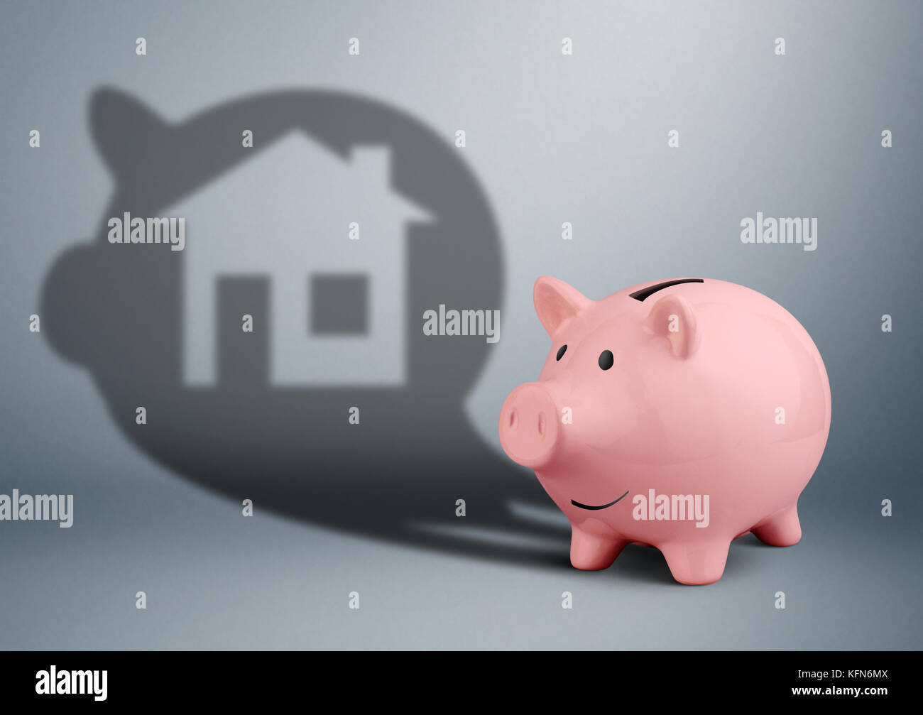 Rosa Sparschwein mit Schatten wie Home, Einsparungen für Haus Finanzierung Konzept Stockfoto