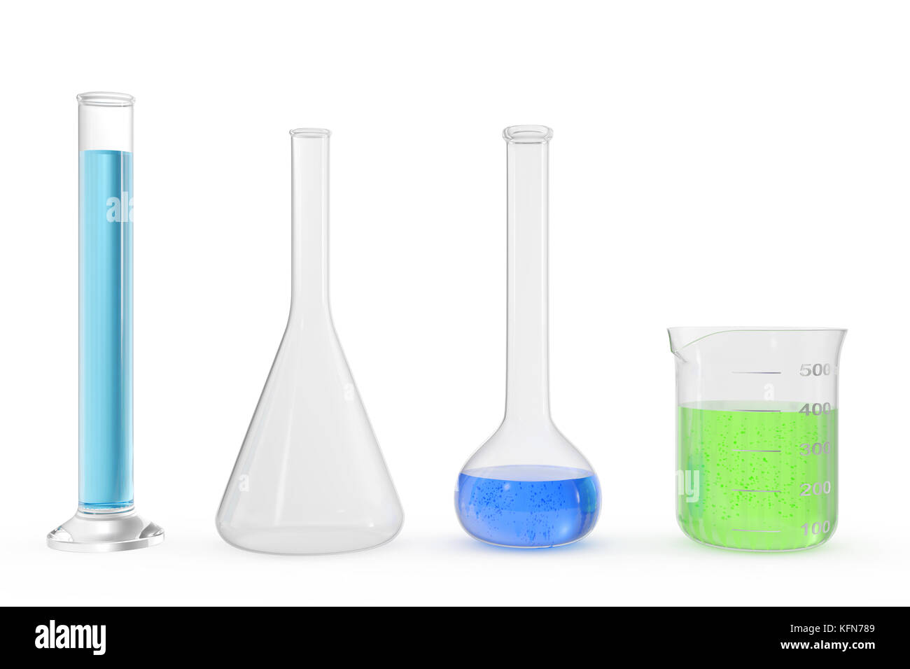 Chemie Flaschen mit farbige Flüssigkeit auf weißem Hintergrund Hintergrund. Wissenschaft Chemie Konzept. Labor Reagenzgläser und Kolben mit farbigen Flüssigkeiten, 3D-Rendering Stockfoto