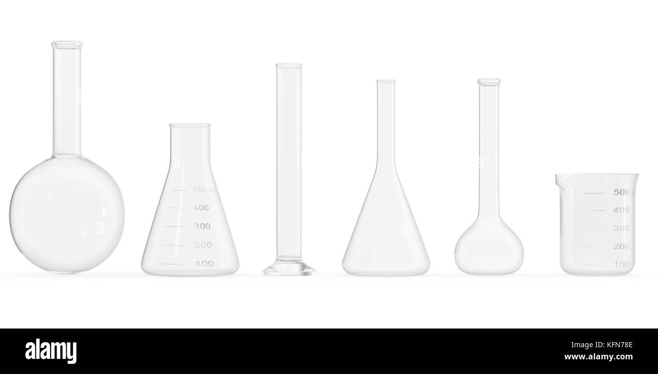 Leere Chemie Flaschen auf weißem Hintergrund eingestellt. Wissenschaft Chemie Konzept. Leer Labor Röhrchen und Flaschen. 3D-Rendering Stockfoto