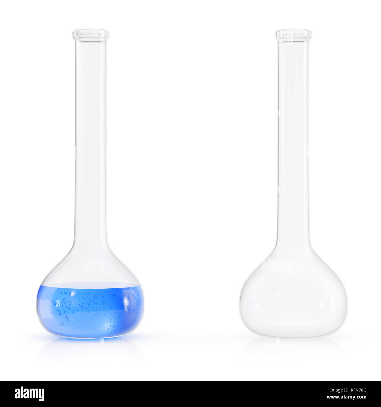 Chemie Flaschen mit farbige Flüssigkeit auf weißem Hintergrund. Wissenschaft Chemie Konzept. Labor Reagenzgläser und Kolben mit farbigen Flüssigkeiten, 3D-Rendering Stockfoto