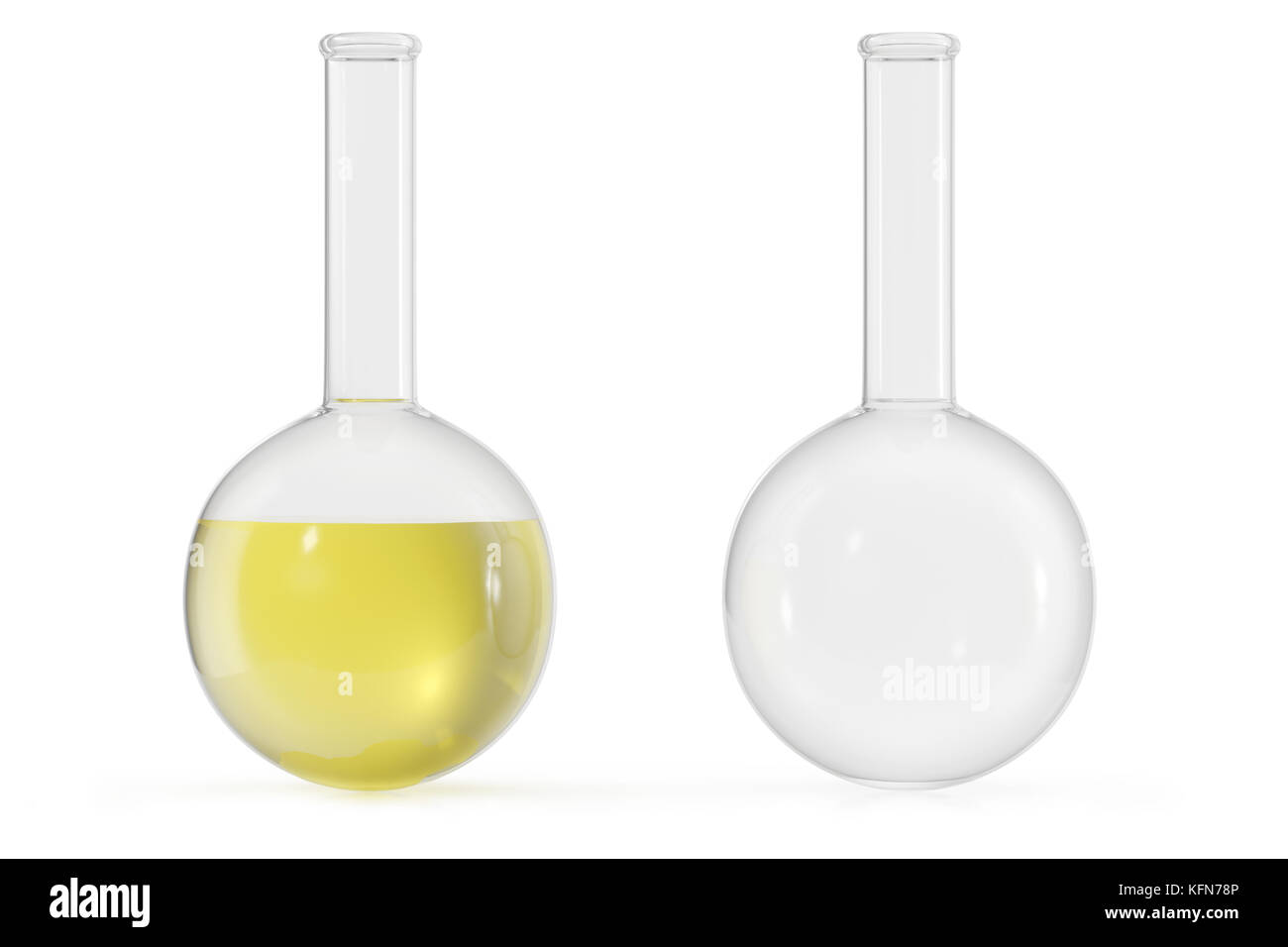 Chemie Flaschen mit farbige Flüssigkeit auf weißem Hintergrund. Wissenschaft Chemie Konzept. Labor Reagenzgläser und Kolben mit farbigen Flüssigkeiten, 3D-Rendering Stockfoto