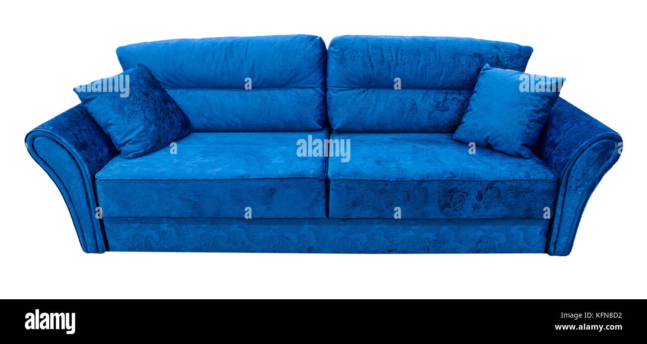 Blaues Sofa. Weiche Nicki-qualität Couch. Klassische Moderne Divan auf dem isolierten Hintergrund Stockfoto