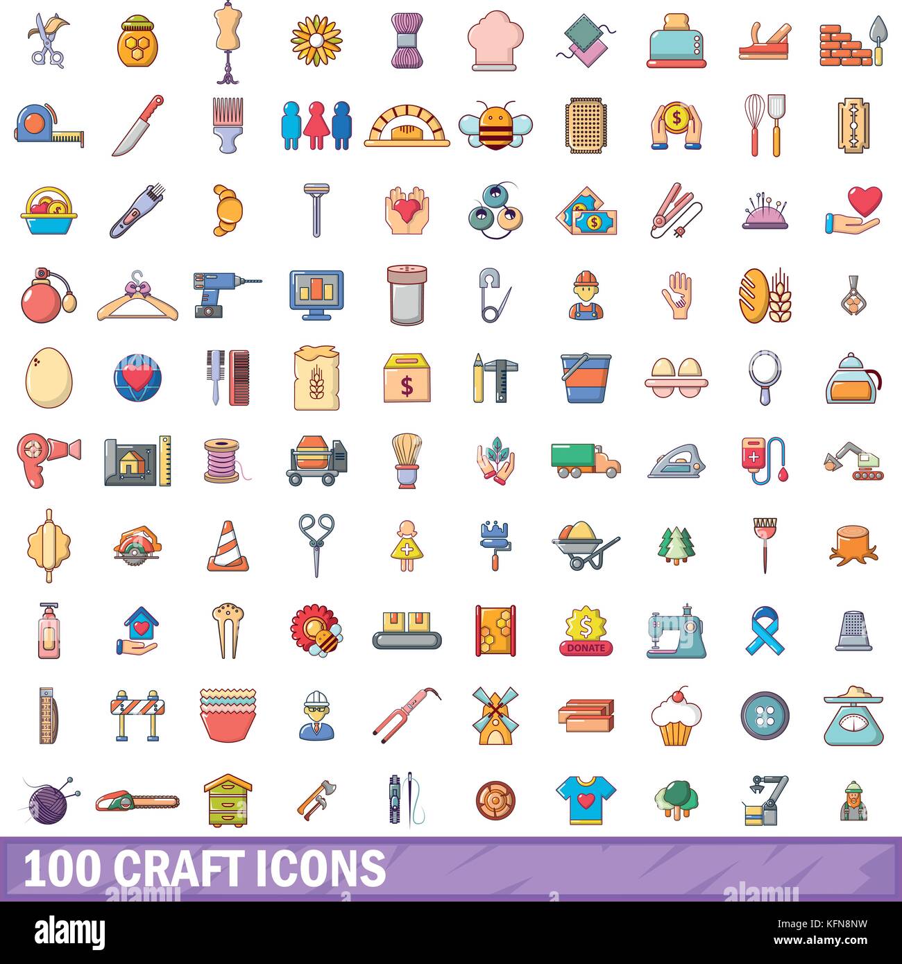 100 Handwerk Symbole, Cartoon Stil Stock Vektor