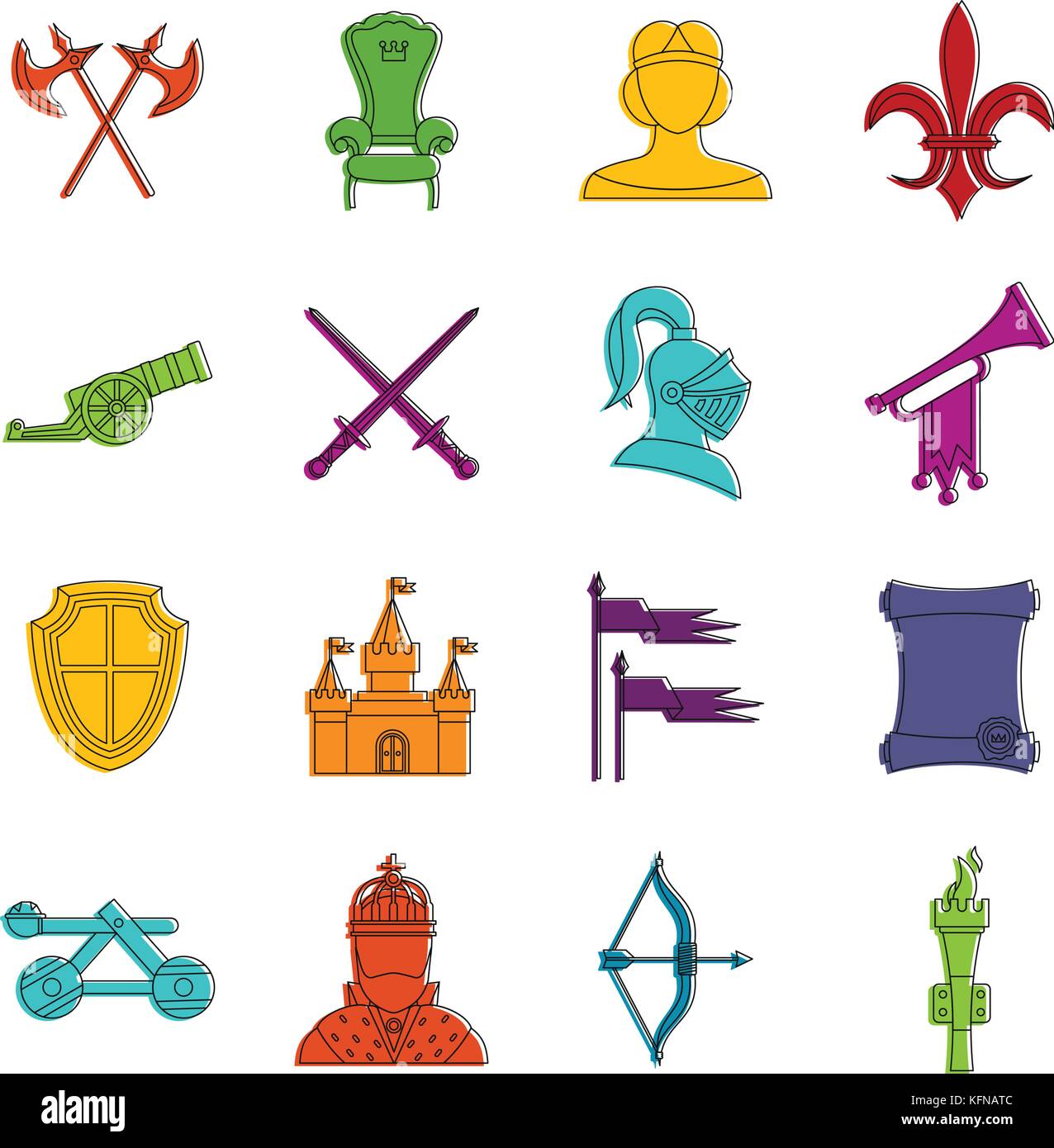Ritter mittelalterliche Symbole doodle einrichten Stock Vektor