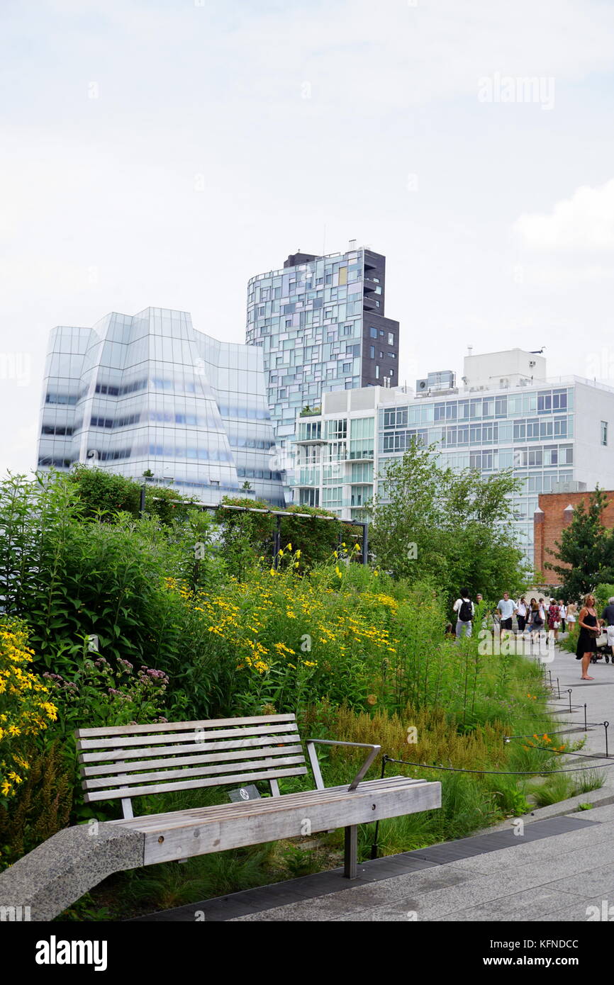 Landschaft an der Highline mit der Kulisse der New York City Wolkenkratzer, NYC, NY, USA Stockfoto
