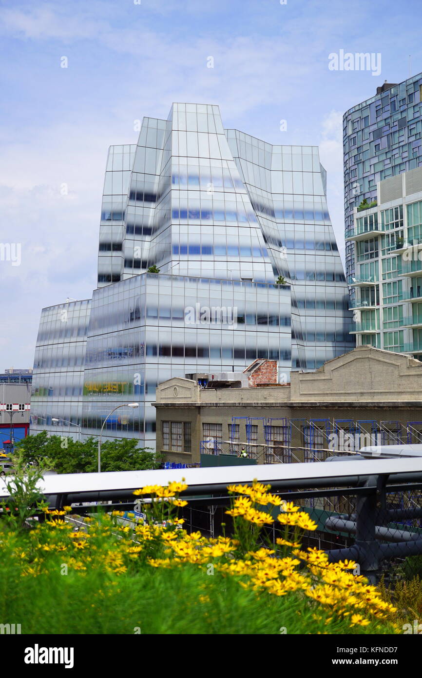 Landschaft an der Highline mit der Kulisse der New York City Wolkenkratzer, NYC, NY, USA Stockfoto