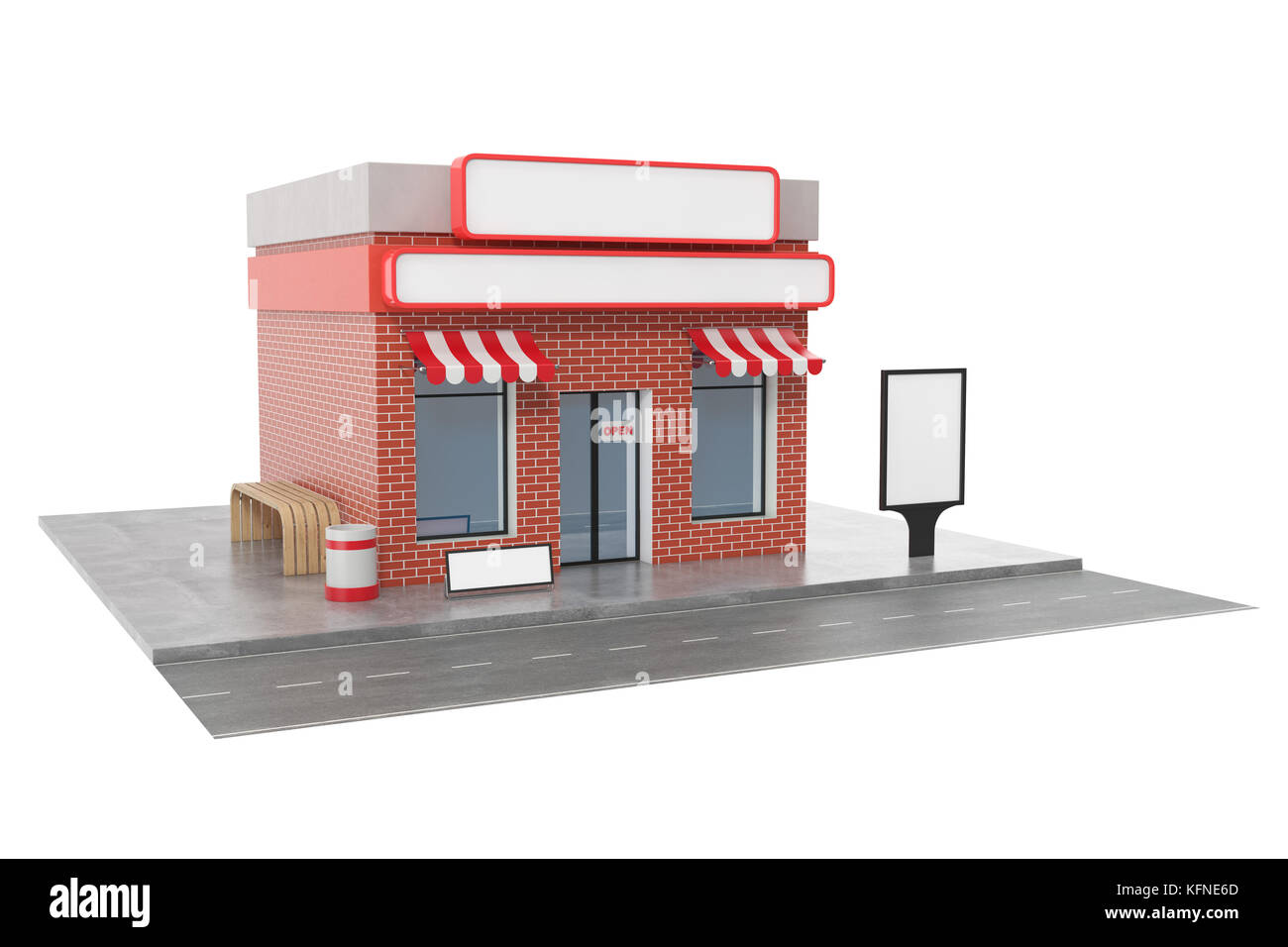 Store mit copy Space Board auf weißem Hintergrund. Moderne shop Gebäude, store Fassaden. äusseren Markt. Außenfassade store Gebäude, 3D-Rendering Stockfoto