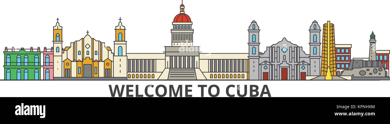 Kuba übersicht Skyline, kubanischen flache dünne Linie Symbole, Wahrzeichen, Illustrationen. Kuba Stadtbild, kubanisch Reisen Stadt vektor Banner. städtischen Silhouette Stock Vektor