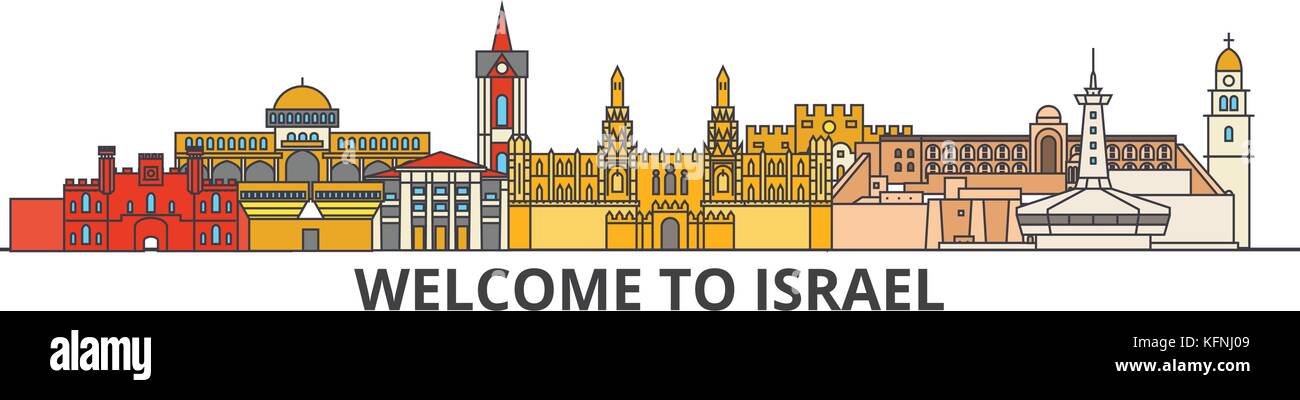 Stadt In Israel Flughafen 3 Buchstaben Israel Umrisse Skyline, israelische flache dünne Linie Symbole