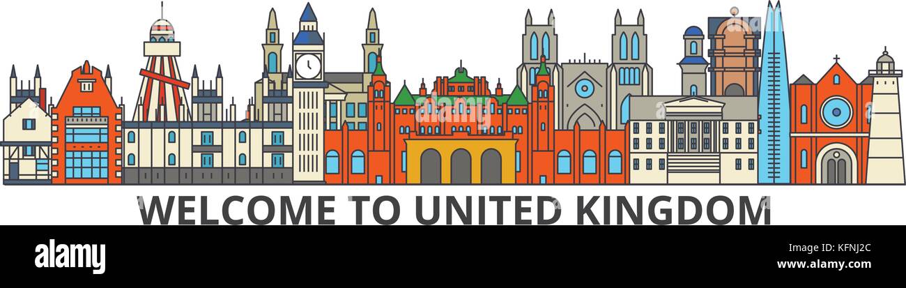 Vereinigtes Königreich Umrisse Skyline, britische flache dünne Linie Symbole, Wahrzeichen, Illustrationen. Vereinigtes Königreich Stadtbild, British travel city Vektor Banner. städtischen Silhouette Stock Vektor