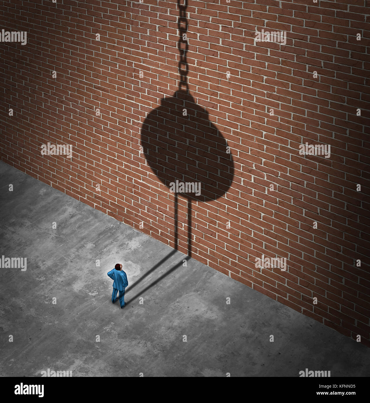 Glauben an den Erfolg als Unternehmer mit Blick auf eine Backsteinmauer Hindernis wirft einen Schatten einer abrissbirne als Erfolg Metapher zu demolieren. Stockfoto Glauben an den Erfolg als Unternehmer mit Blick auf eine Backsteinmauer Hindernis wirft einen Schatten einer abrissbirne als Erfolg Metapher zu demolieren. Stockfoto