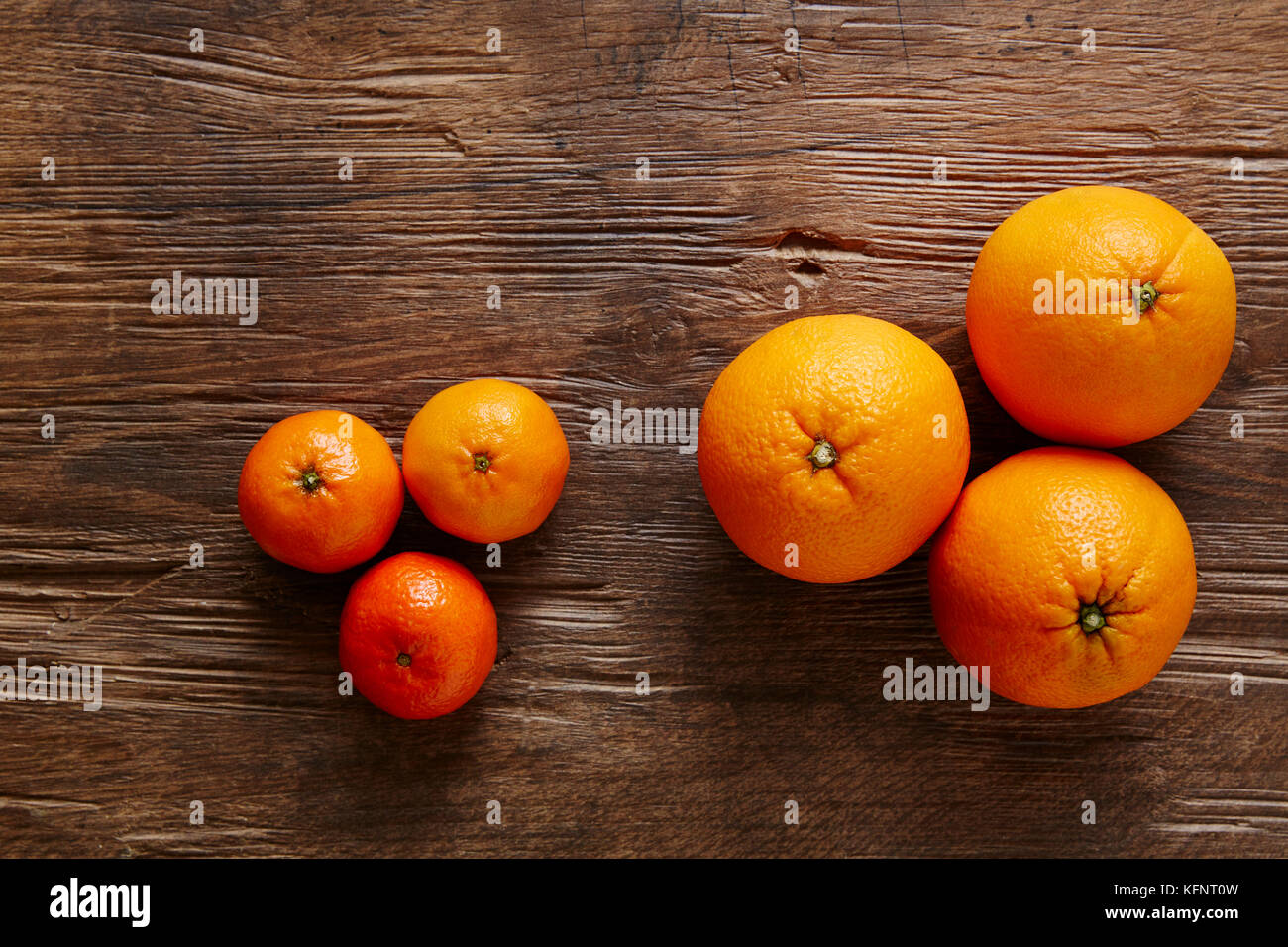 Drei Mandarinen und drei Orangen Stockfoto