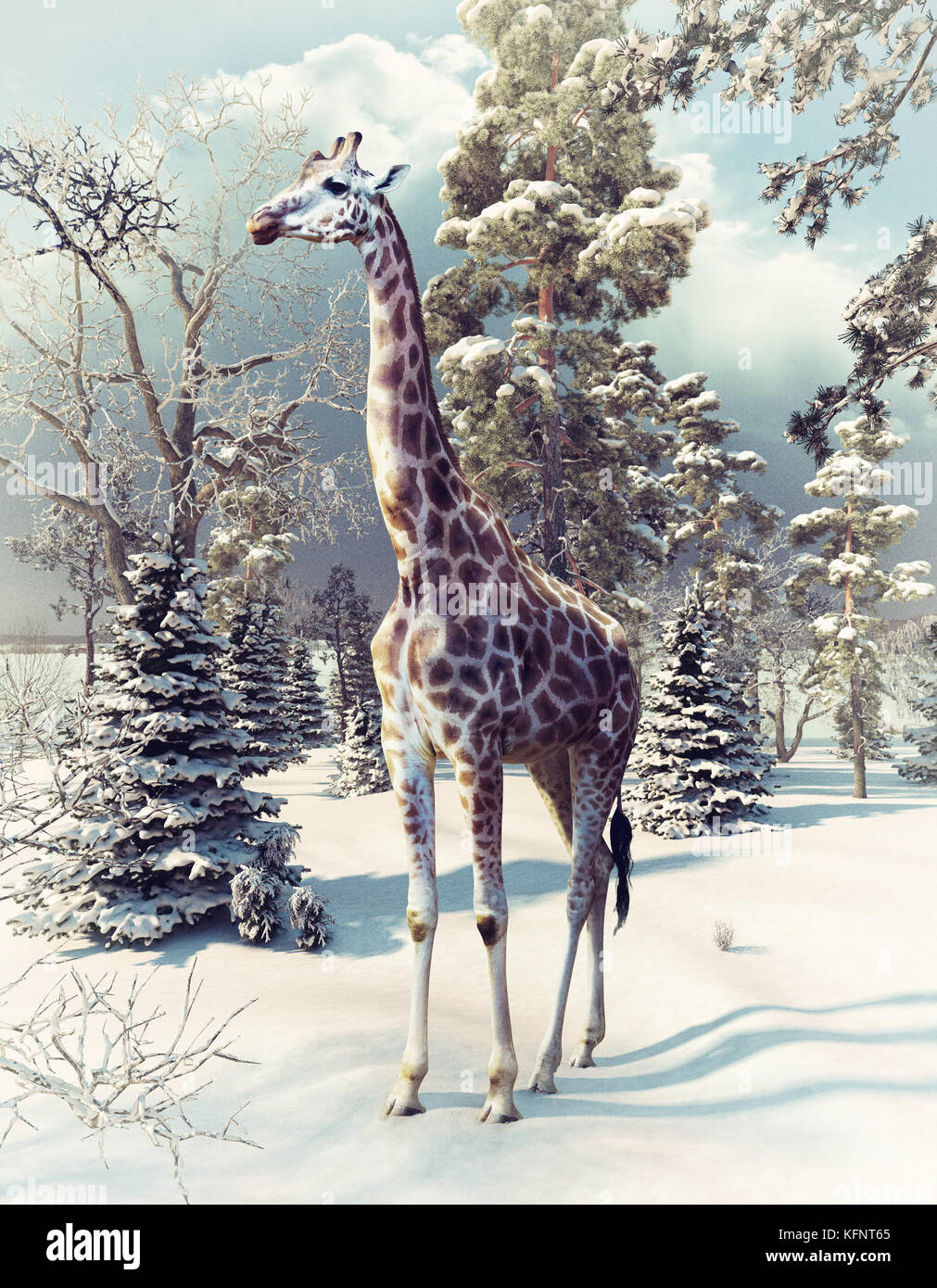Giraffe im Winter Wald. 3D-Render Elemente und Foto gemischt. Stockfoto