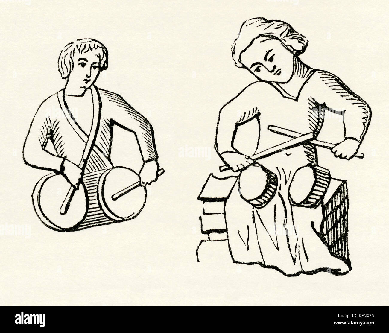 Eine alte mittelalterliche Gravur mit zwei Schlagzeugern. Arten von mittelalterlichen Drums enthalten die Bass Drum und Snare Drum. Termine der Snare Drum, die auf dem Tabor im mittelalterlichen Europa ca. 1300 gefunden. Das Wort Tabor bezieht sich in der Regel auf der zwei-köpfige Hocke drums (wie von der Schlagzeuger auf der rechten hier verwendet) Stockfoto