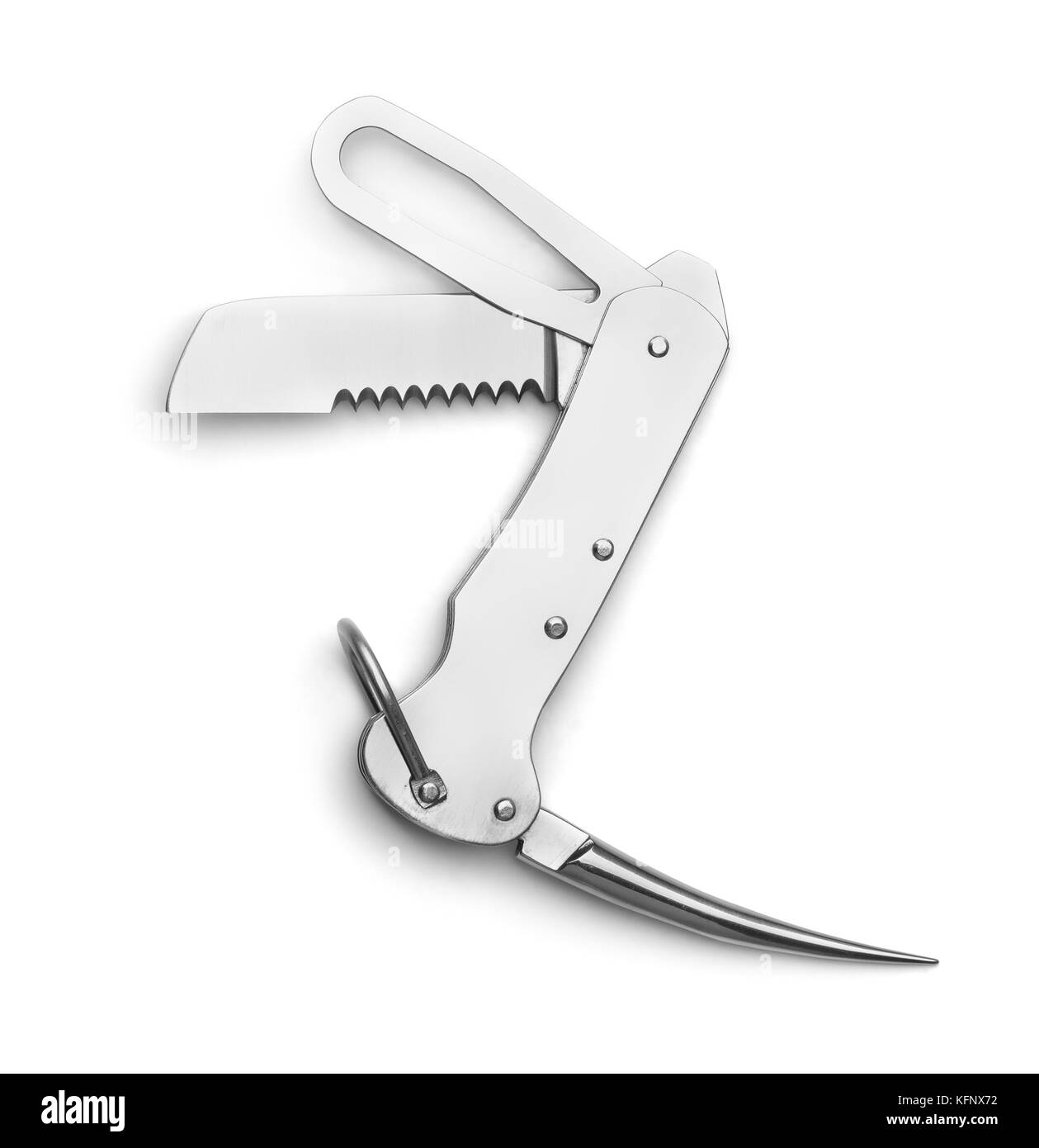 Segeln Messer Werkzeug mit Marlspieker und Bügel Schlüssel isoliert auf weißem Stockfoto