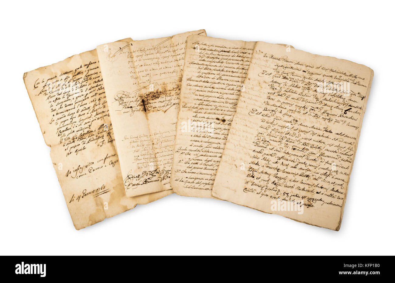 Stapel von olds vintage Manuskripte isoliert auf weißem Stockfoto