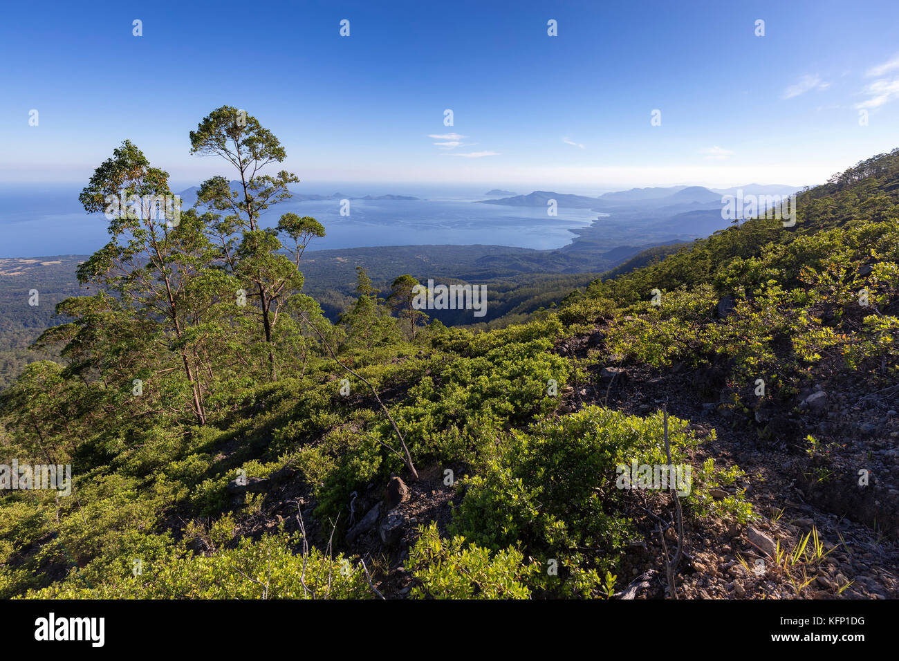 Blick auf die Inseln von einer Wanderung auf den Gipfel des Egon Berg auf der Insel Flores in Indonesien. Stockfoto