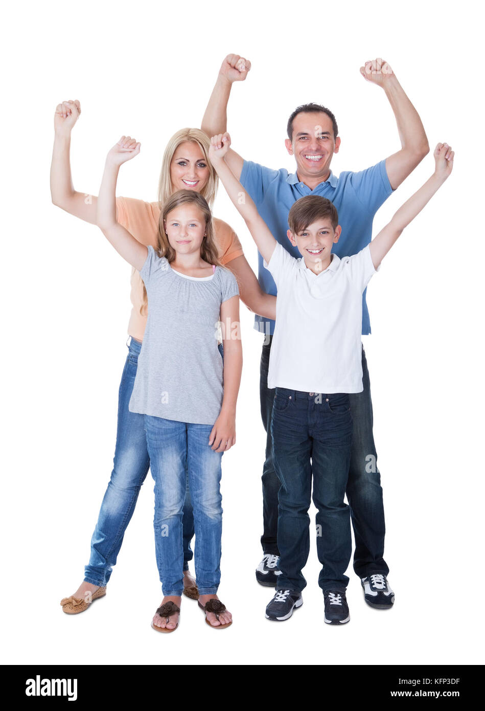 Porträt der glückliche Familie mit zwei Kindern, Isolated On White Background Stockfoto