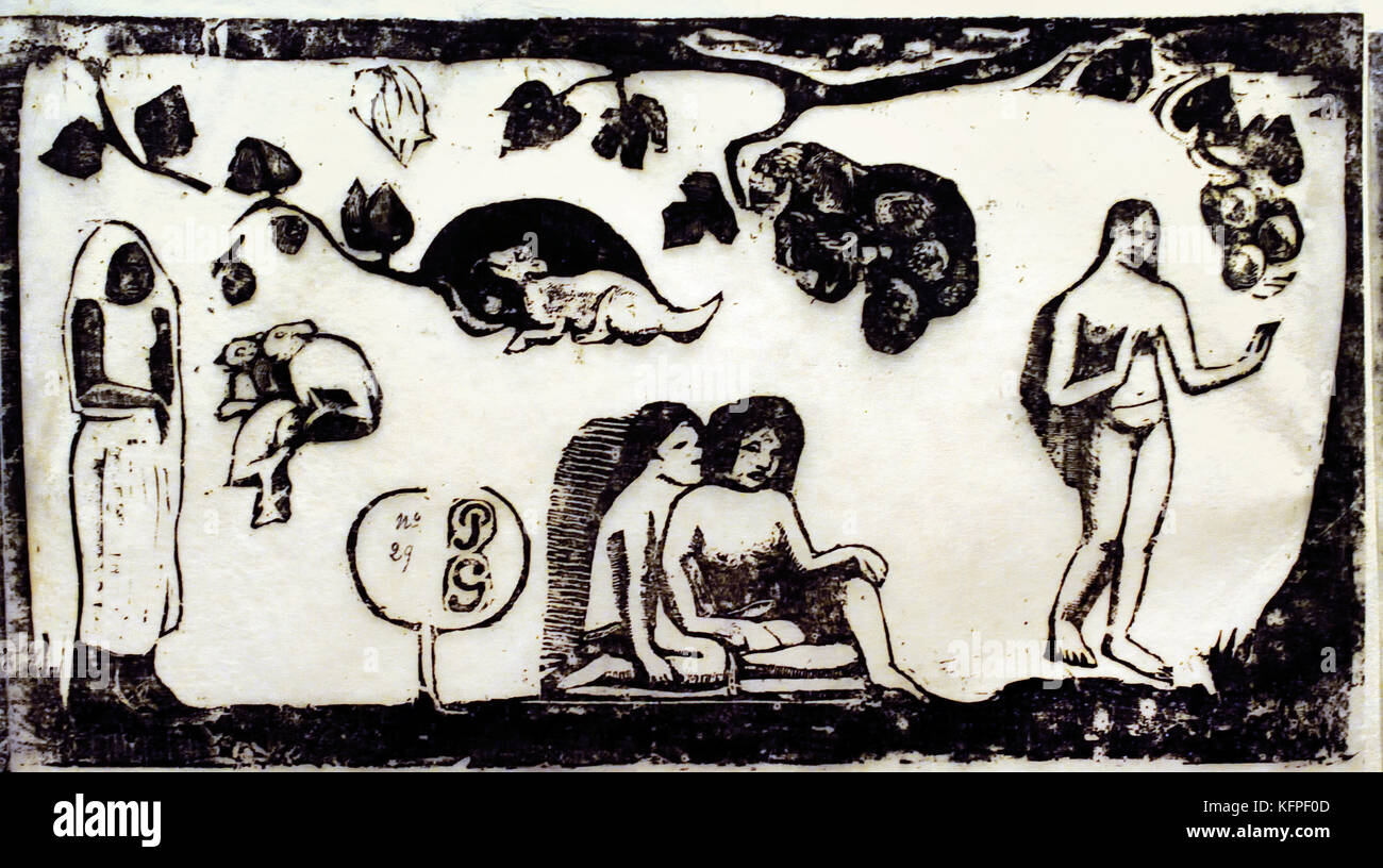 Femme, Animauxet et Feullages - Frau, Tiere und treibt, 1898 Paul Gauguin - Eugène Henri Paul Gauguin 1848 - 1903 war eine französische post-impressionistischen Künstler, Frankreich. (Gestorben ,8 Mai 1903, Atuona, Marquesas Islands, Französisch-Polynesien) Maler, Bildhauer. Paradies, Land der Eden, Bibel Stockfoto