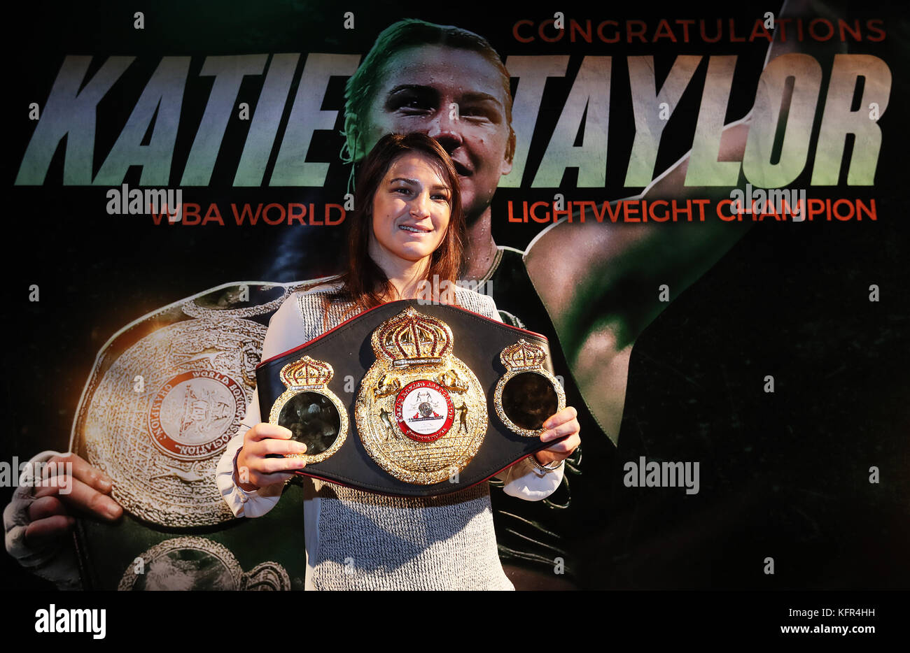 Die WBA-Leichtgewichtweltmeisterin Katie Taylor wurde während einer Pressekonferenz im Irish Film Institute in Dublin zur neuen WBA-Weltmeisterin gekürt. Stockfoto