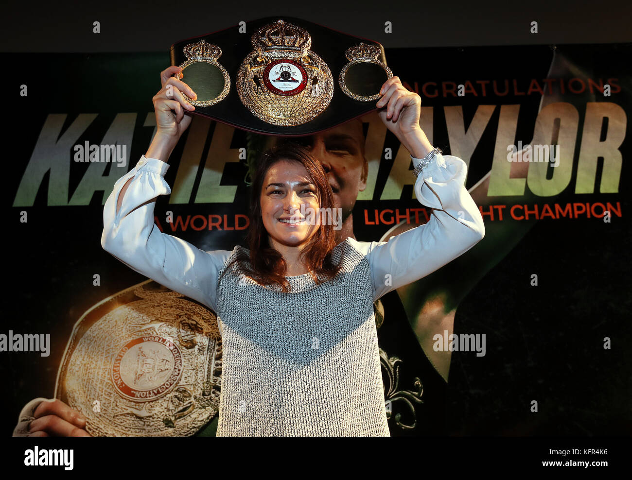 Die WBA-Leichtgewichtweltmeisterin Katie Taylor wurde während einer Pressekonferenz im Irish Film Institute in Dublin zur neuen WBA-Weltmeisterin gekürt. Stockfoto