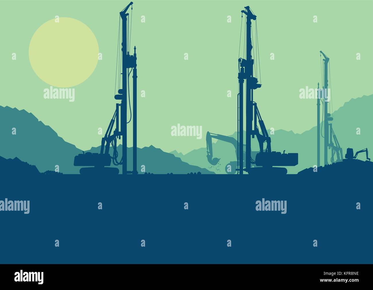 Hydraulische Erde Bohrung haufen Bohrmaschine, Traktoren Graben an industriellen Baustelle vector hintergrund abbildung Stock Vektor