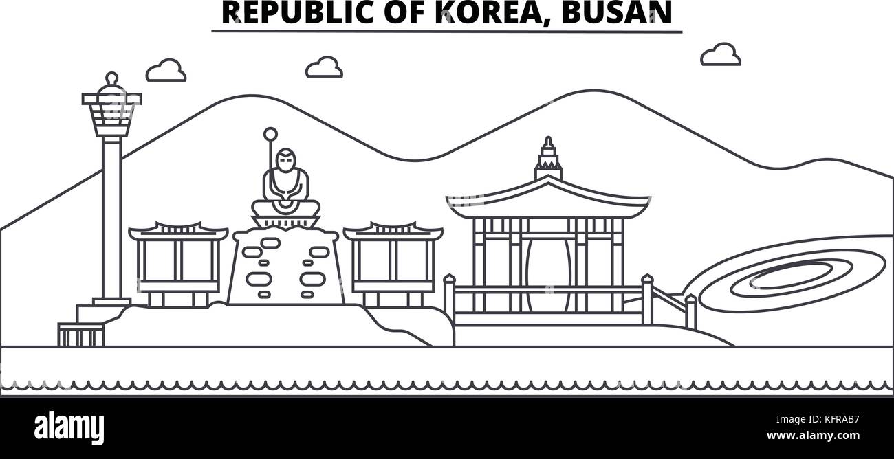 Republik Korea, busan Architektur Skyline Gebäude, Silhouette, umriss Landschaft, Wahrzeichen. bearbeitbaren Anschläge. städtischen Skyline Darstellung. flat Design Vector, line Konzept Stock Vektor
