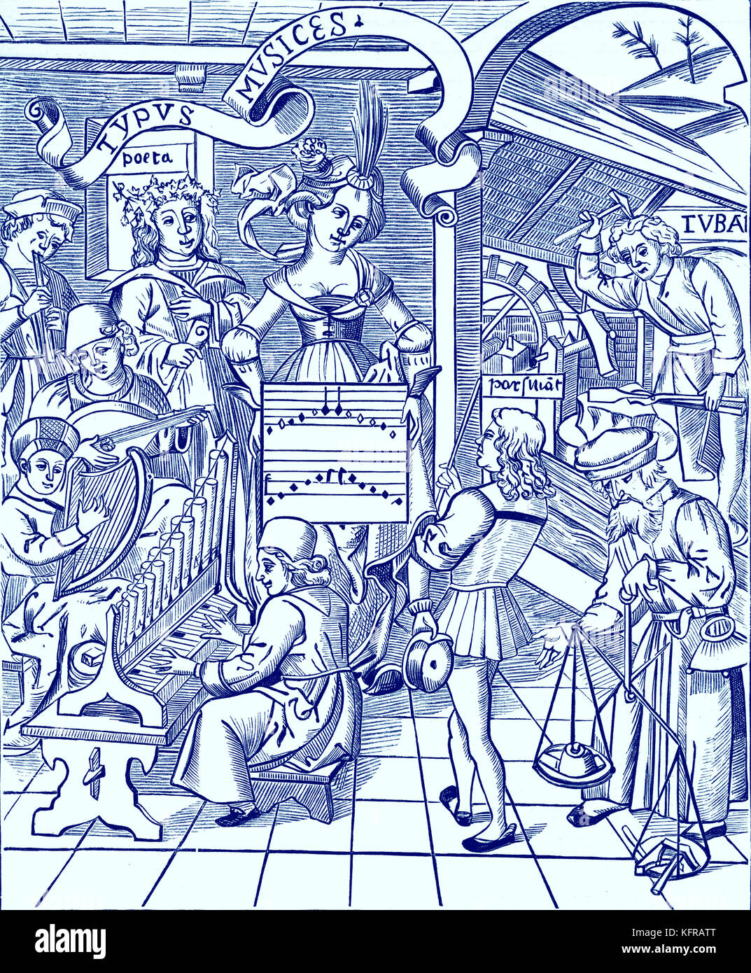 Personifizierung der Musik, reproduziert von einem Stich aus der Margarita Philosophica Nova, gedruckt von Johann Gruninger. Die Margarita Philosophica Nova ist eine Enzyklopädie, die in Universitäten im frühen 16. Jahrhundert verwendet. Stockfoto