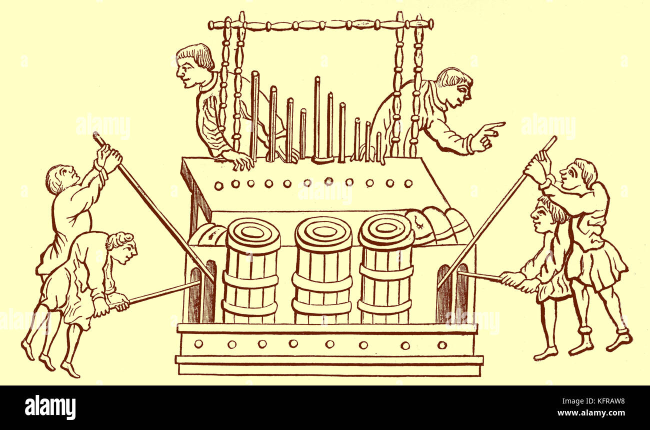Großen Orgel aus dem zwölften Jahrhundert, mit Faltenbalg und eine Tastatur. Stockfoto