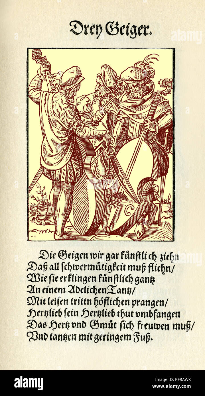Deutsche Musiker spielen Geige und Bass-viol aus dem Buch von Trades/Das Standebuch (Panoplia omnium illiberalium mechanicarum...), Sammlung von Holzschnitten von Jost Amman (13. Juni 1539 - 17. März 1591), 1568 mit begleitenden Reim von Hans Sachs (5. November 1494 - 19. Januar 1576) Stockfoto
