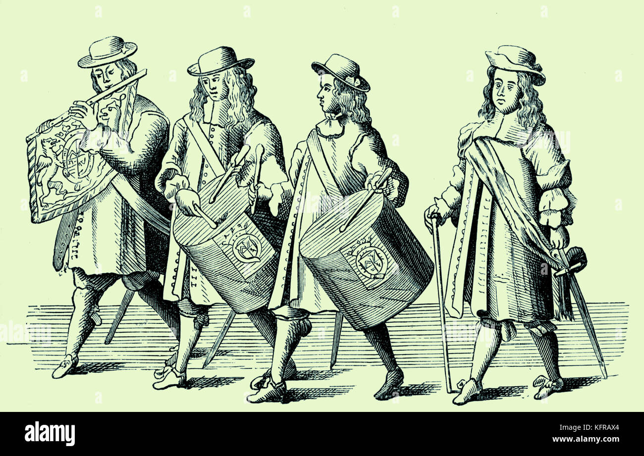 Zwei drum Spieler, eine Pfeife und ein Drum-Major. Abbildung: das Begräbnis des Herzogs von Albermarle, 1670, von F. Sandford, Stockfoto