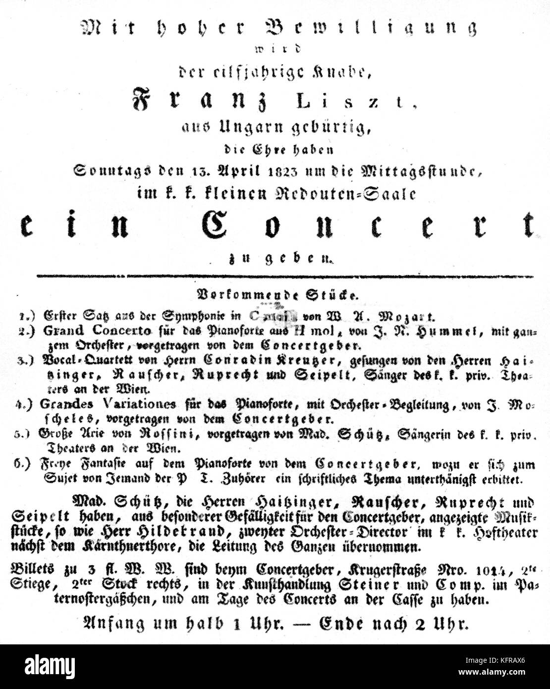Programm des Konzerts von Franz Liszt, 13. April 1823, Wien, Österreich durchgeführt. FL: ungarische Pianist und Komponist, 22. Oktober 1811 - vom 31. Juli 1886. Stockfoto