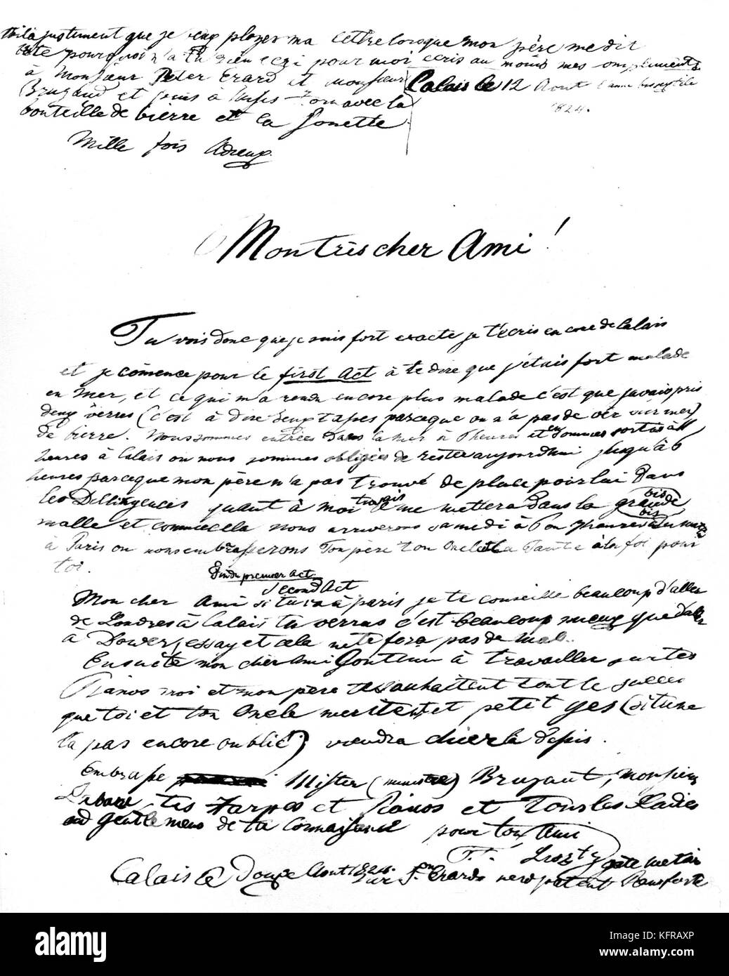 Franz Liszts Brief an Pierre Erard, im Alter von 12 Jahren geschrieben. FL: ungarische Pianist und Komponist, 22. Oktober 1811 - vom 31. Juli 1886. Stockfoto