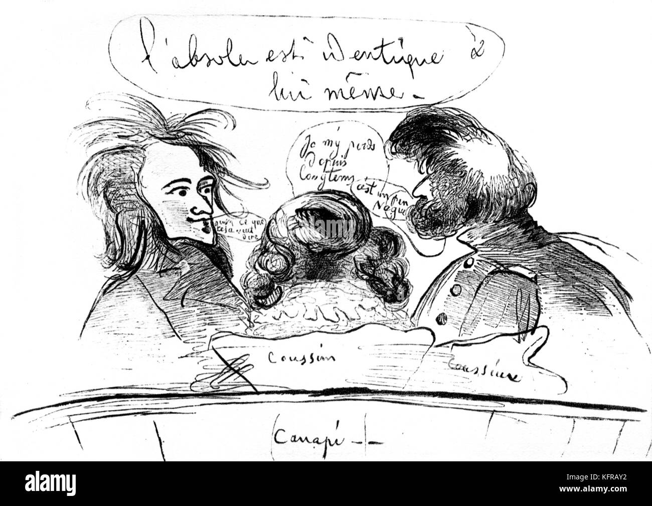 Franz Liszt und Marie d'Agoult & Adolphe Pictet-Karikatur von George Sand. Franz Liszt war romantically mit Marie d'Agoult und George Sand, und ein Freund von Adolphe Pictet verbunden. Bildunterschrift lautet: "L'absolue est identique à Lui-même" ["Das absolute ist Selbst-identischen"]. FL: ungarische Pianist und Komponist, 22. Oktober 1811 - vom 31. Juli 1886. AP: Schweizer Linguist, September 11, 1799 - Dezember 20, 1875. GS: Auch als Amantine Aurore Lucile Dupin, französischer Schriftsteller und Romancier, 1. Juli 1804 - 8. Juni 1876 bekannt. Stockfoto
