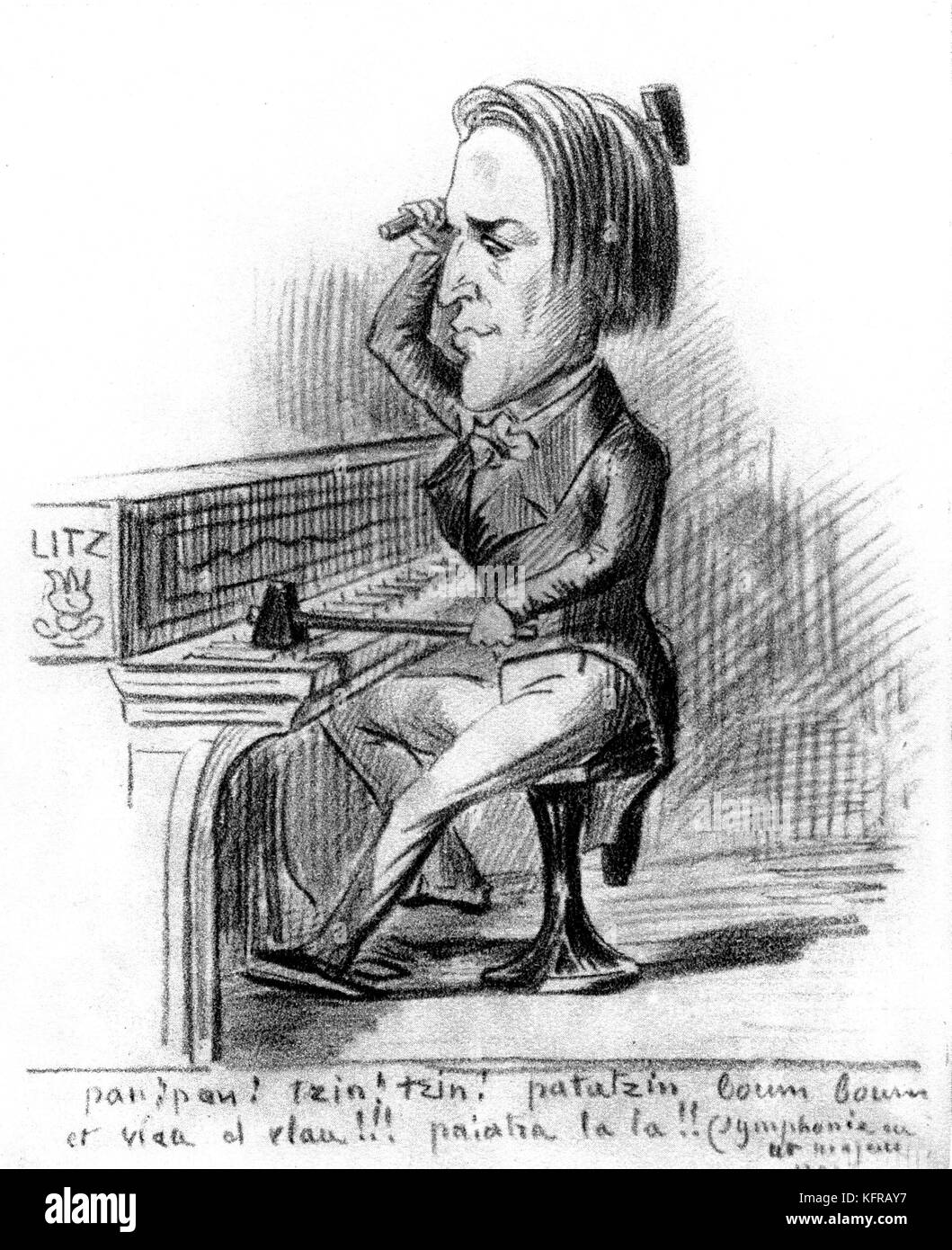Franz Liszt - Karikatur, wahrscheinlich gezeichnet C. 1837. Der im Titel ymphone in C-Dur'. FL: ungarische Pianist und Komponist, 22. Oktober 1811 - vom 31. Juli 1886. Stockfoto