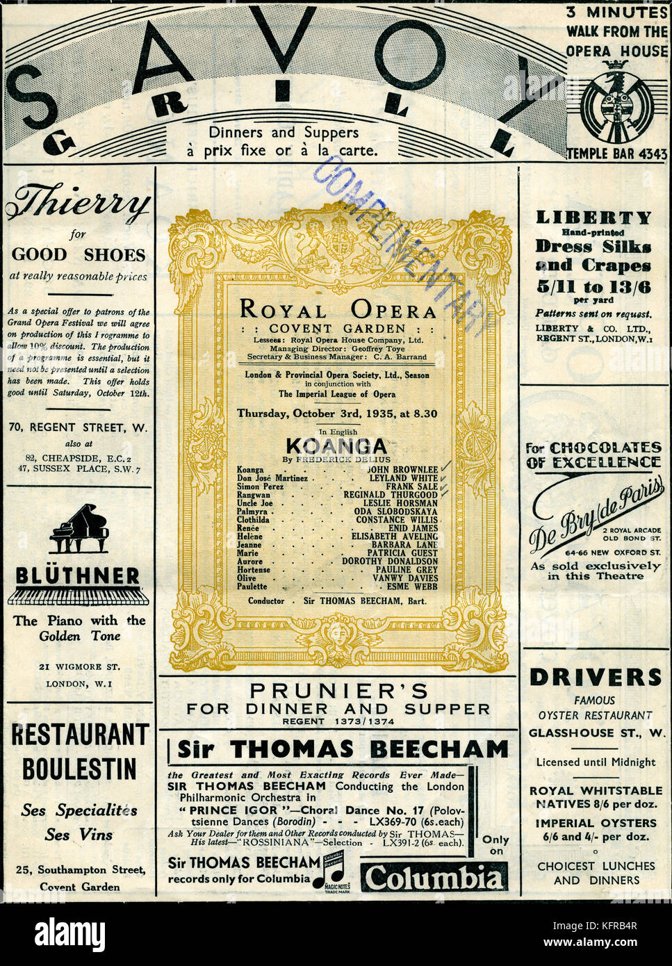 Koanga von federick Delius-Programm. Royal Opera House, Covent Garden, London, für den 3. Oktober 1935. (John brownlee Titel Rolle, geleitet von Thomas Beecham.) RD-englischen Komponisten, 29. Januar 1862 - 10. Juni 1934. Stockfoto