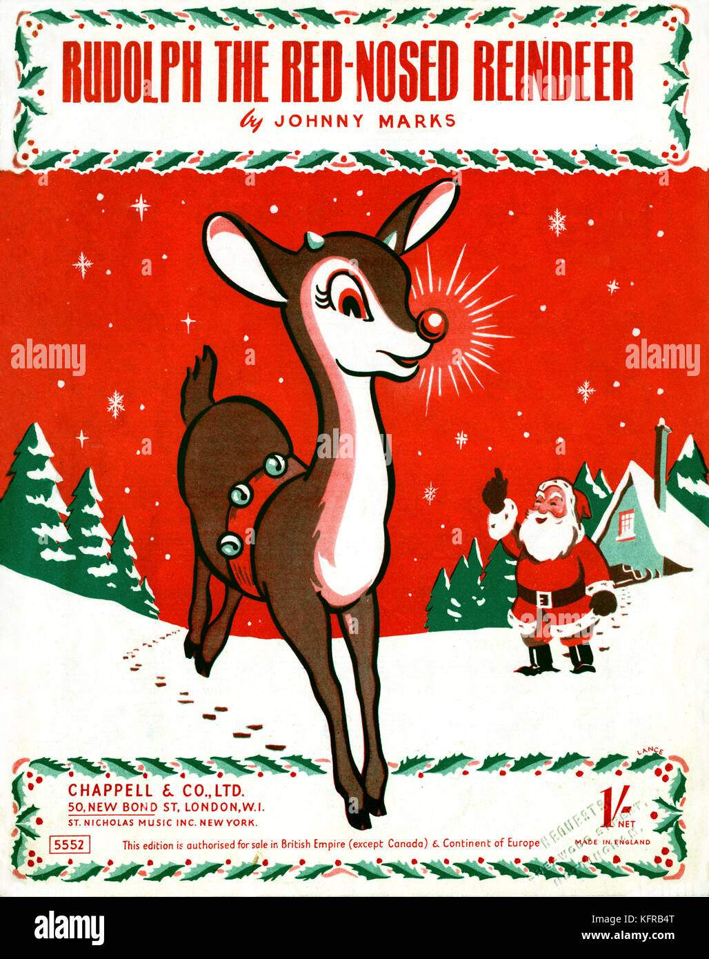 Rudolph The Red-Nosed Reindeer-Score. Worte und Musik von Johnny Mark. Chappell, London, 1949. Mai copyright clearance erfordern Stockfoto